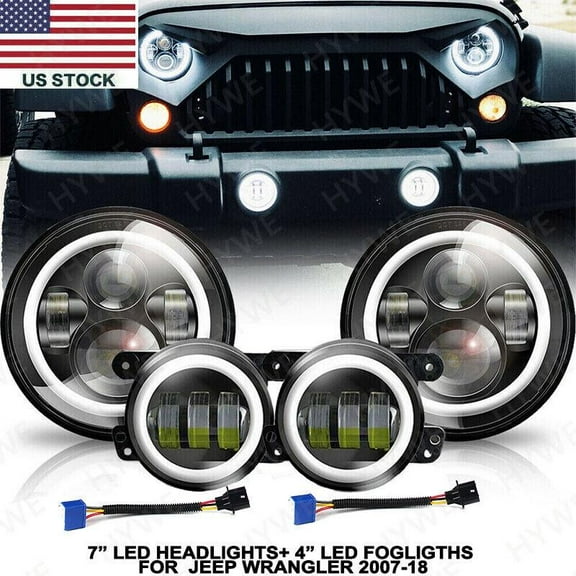 7" LED Headlights 4" Halo LED Fog Lights For Jeep Wrangler JK Halo 2007-18