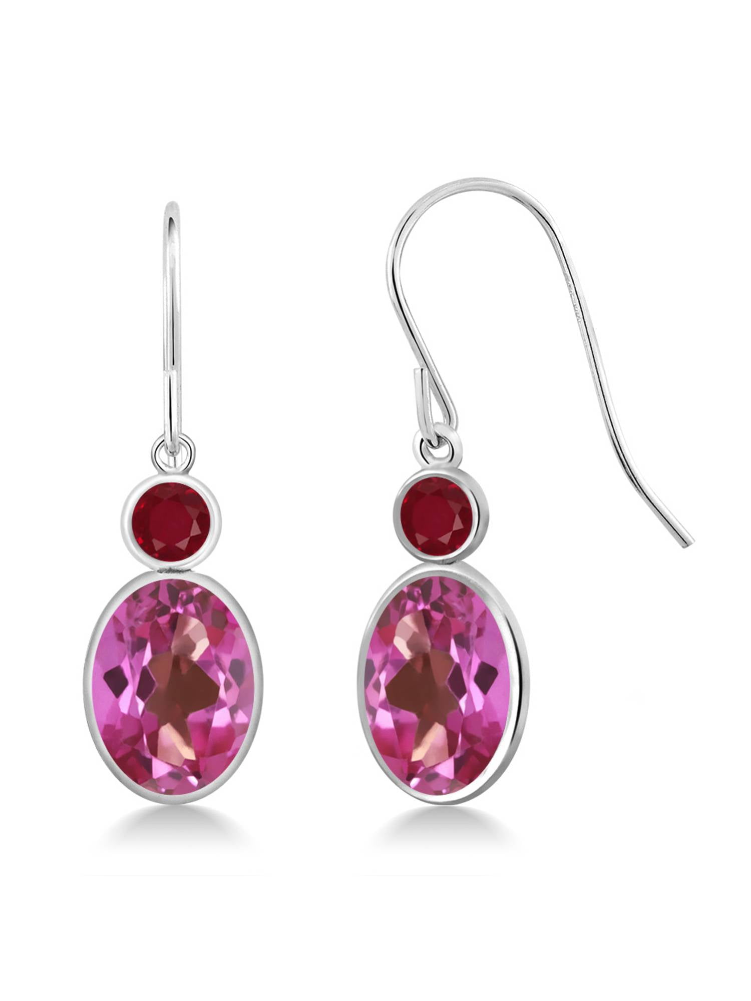 3.28 Ct Oval Pink Mystic Topaz Red Ruby 14K White Gold Earrings by