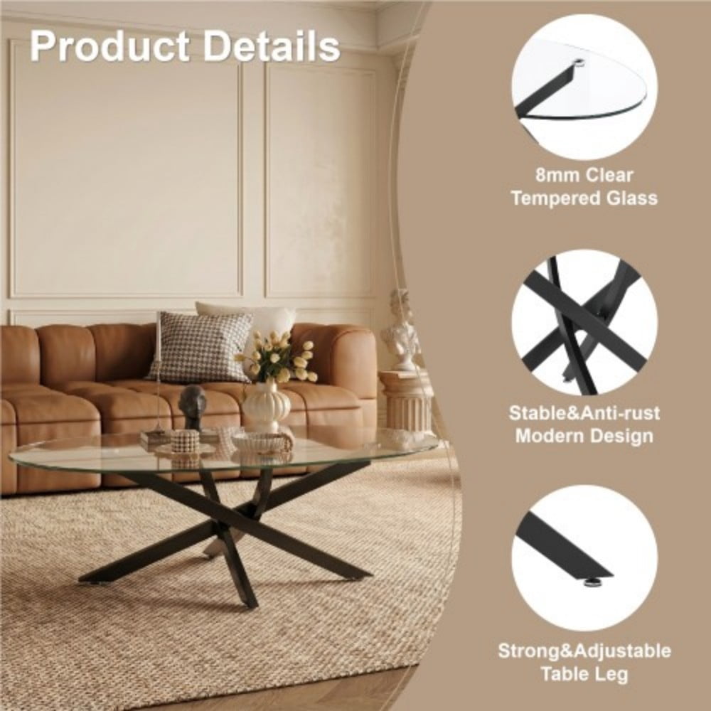 Oval Coffee Table, 39.37" Tempered Glass Top with Black Cross Legs, Modern Side Table, Tea Table for Living Room, Apartment, Cafe