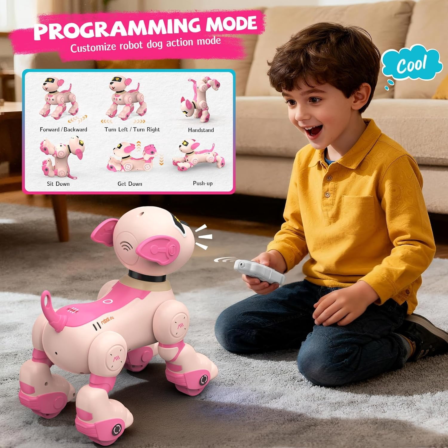 Robot Dog , RC Smart Programmable Robotic Puppy Interactive Touch Music Remote Control Follow Mode Fun Educational Learning Rechargeable Pink