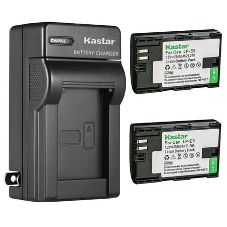 Kastar 2-Pack LP-E6 Battery and AC Wall Charger Replacement for Canon LP-E6N  LP-E6NH  LP-E6N Pro Battery  Canon LC-E6  LC-E6E Charger  Canon EOS R  EOS Ra  EOS R5  EOS R6  EOS 5D Mark II Camera