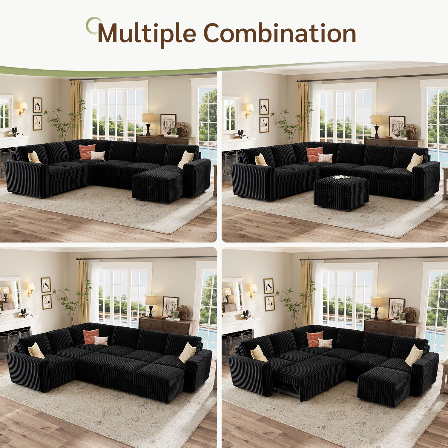 Marrber 106” Oversized Modern Plush Corduroy U-Shaped Modular 7-Seater Pull-Out Sectional Sleeper Sofa Bed with Hidden Storage for Living Room and Apartment, Pet-Friendly Fabric, Easy Assembly, Black