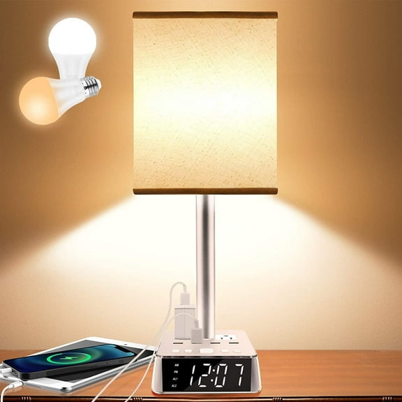 White Alarm Clock Bedside Lamp - with USB-C and USB-A Ports - 3 Adjustable Brightness Levels, Square Oatmeal Fabric Shade, Suitable for Bedrooms and Living Rooms