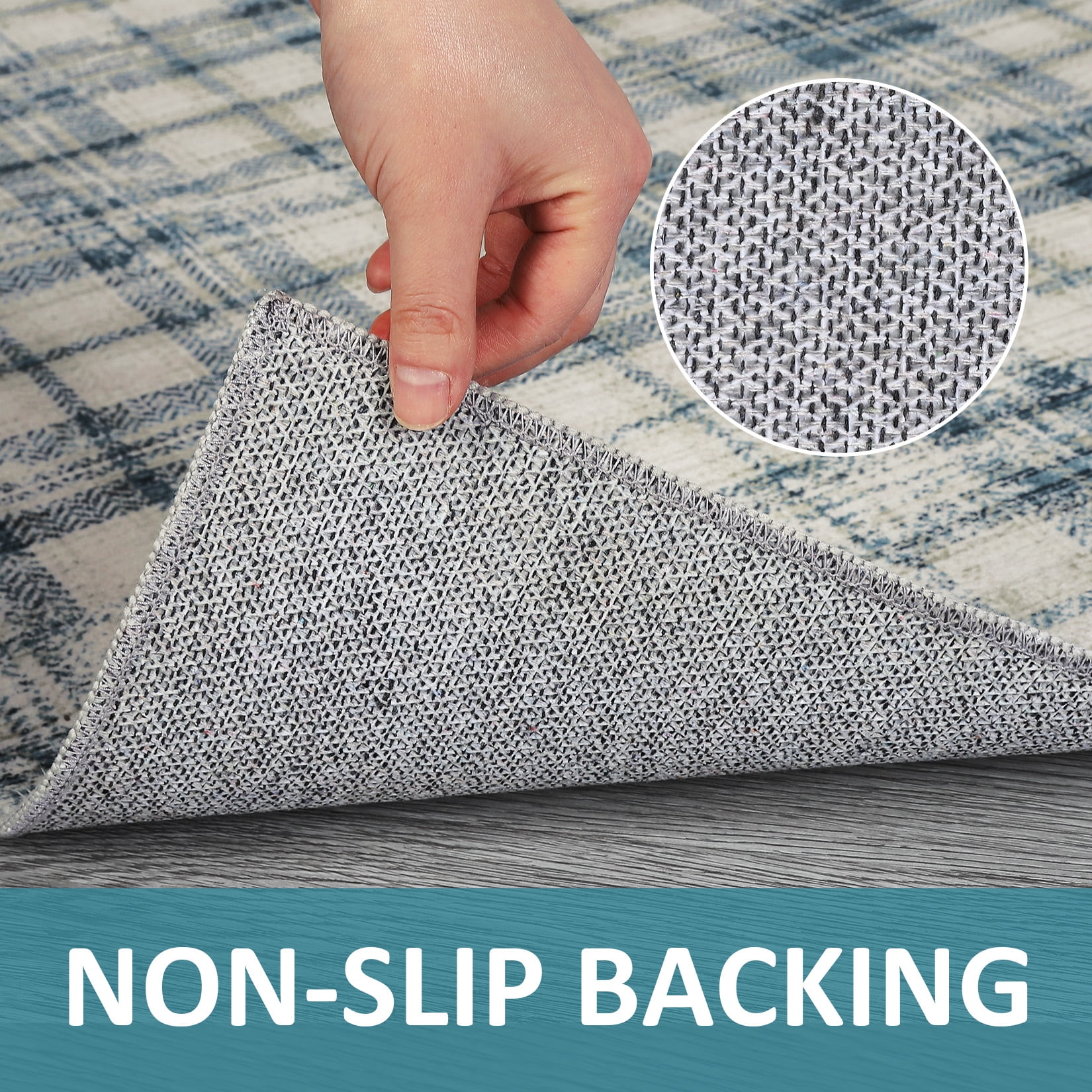 GlowSol 10'x13' Washable Area Rugs for Living Room Modern Farmhouse Plaid Rug Non-Slip Low Pile Large Rug Floor Cover, Beige/Blue