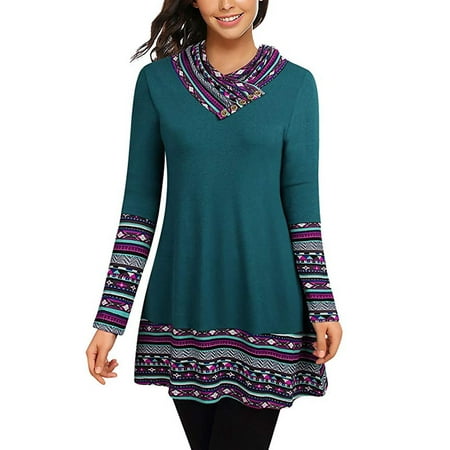 Cowl Neck Tunics Long Sleeve Patchwork Form Fitting Casual A-Line Top
