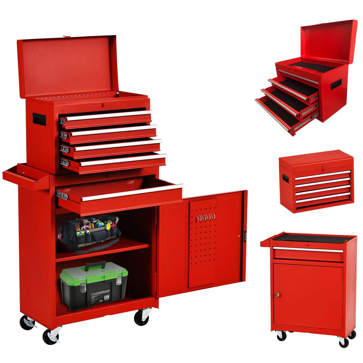 Red & Black Mobile Lockable Toolbox for Workshop Mechanics Garage 2 in 1 Tool Chest & Cabinet Storage Tool Box Rolling Garage Toolbox Organizer with Top Chest and Sliding Drawers 
