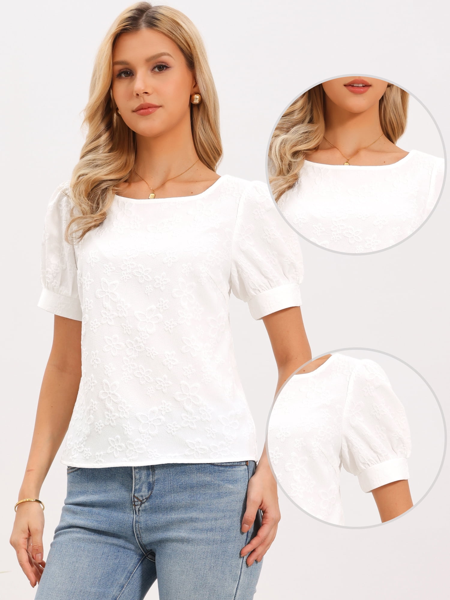 DARING DIVA Women's Puff Short Sleeve Top Round Neck Spring Textured T-Shirt Tops L White