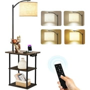 Floor Lamp with Remote, Adjustable 3000K-6000K Colors & Brightness Bulb, End Table with Charging Station(USB & Type-C & AC Port), Modern Shelves Side Table for Bedroom, Living Room, Office