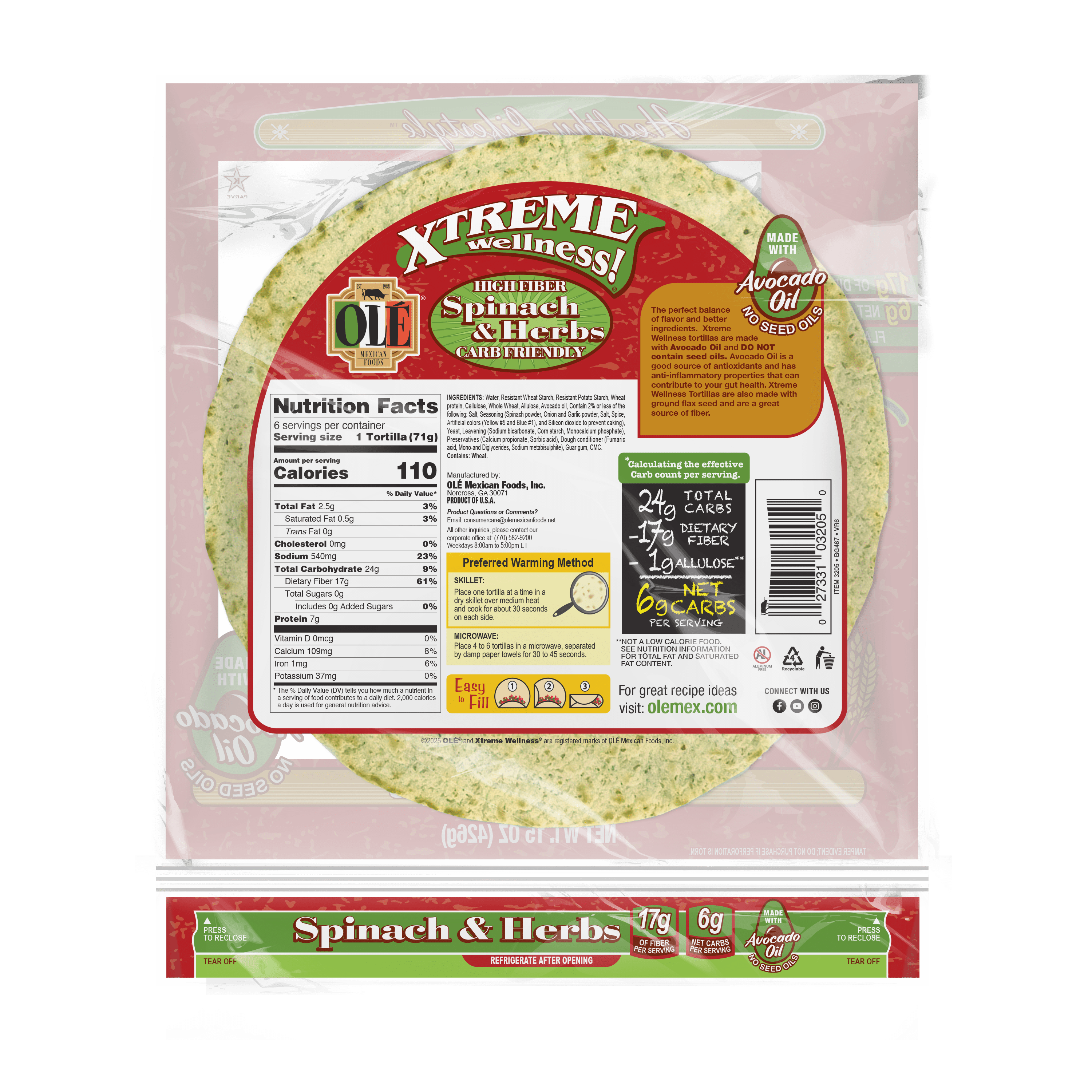 Olé Mexican Foods Xtreme Wellness High Fiber Spinach & Herbs Large Burrito Flour Tortillas, 15 oz, 6 Count
