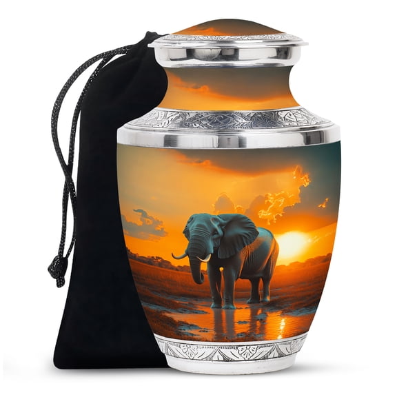 JAGASY Elephant Urn for Friend - Orange Urn for Ashes Adult Male & Female - Sunset Clouds River Decorative Funeral Urns - Large Unique Cremation Urns for Boy & Girl - (10 Inch)