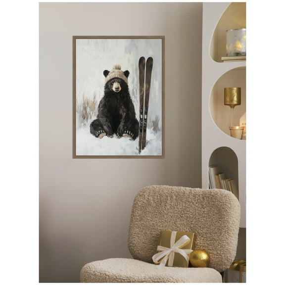 Kate and Laurel Framed Canvas Wall Art Print 'Winter Bear Waiting to Ski' by The Creative Bunch Studio, 18 x 24 Sylvie Walnut Frame, Whimsical, Animal Art for Wall Decor