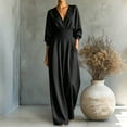thumbnail image 2 of TEAJOPSUU Women's Jumpsuits 3/4 Sleeve V Neck Elastic Waist Wide Leg Jumpsuits with Pockets Loose Fit Waist Cinching Long Rompers Black, 2 of 5