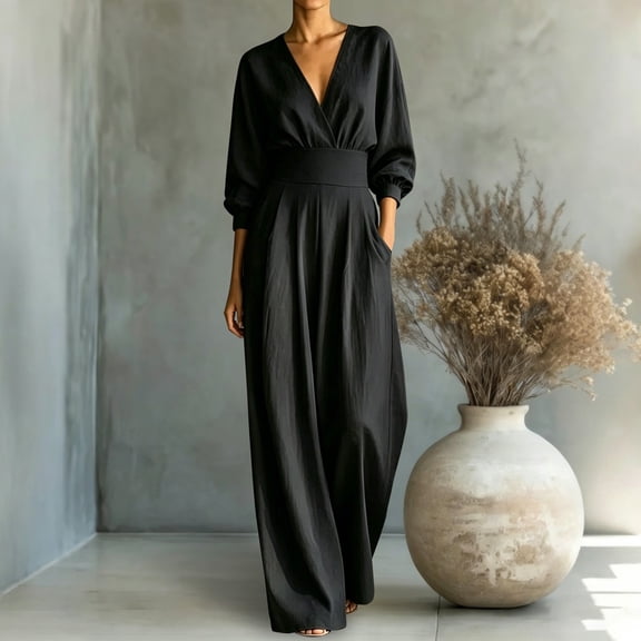 ClodeEU Women's V Neck 3/4 Sleeve Cinched Waist Wide Leg Jumpsuit ,Casual Long Romper ,Women's Plus L