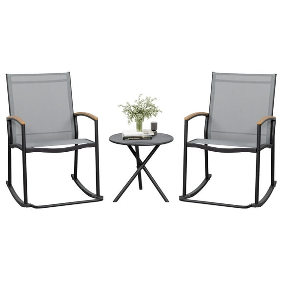 3-Piece Patio Bistro Sets, Outdoor Breathable Rocking Chairs & Black Furniture Conversation Set-Two Chairs with Coffee Table Grey