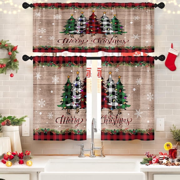 Christmas Kitchen Window Curtains and Valances Set 36 Inch Farmhouse Buffalo Plaid Tree Short Tier Curtains, Vintage Small Kitchen Decor