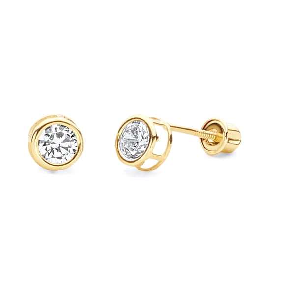 14k REAL Yellow Gold 5mm Round Bezel Set Stud Earrings with Screw Back