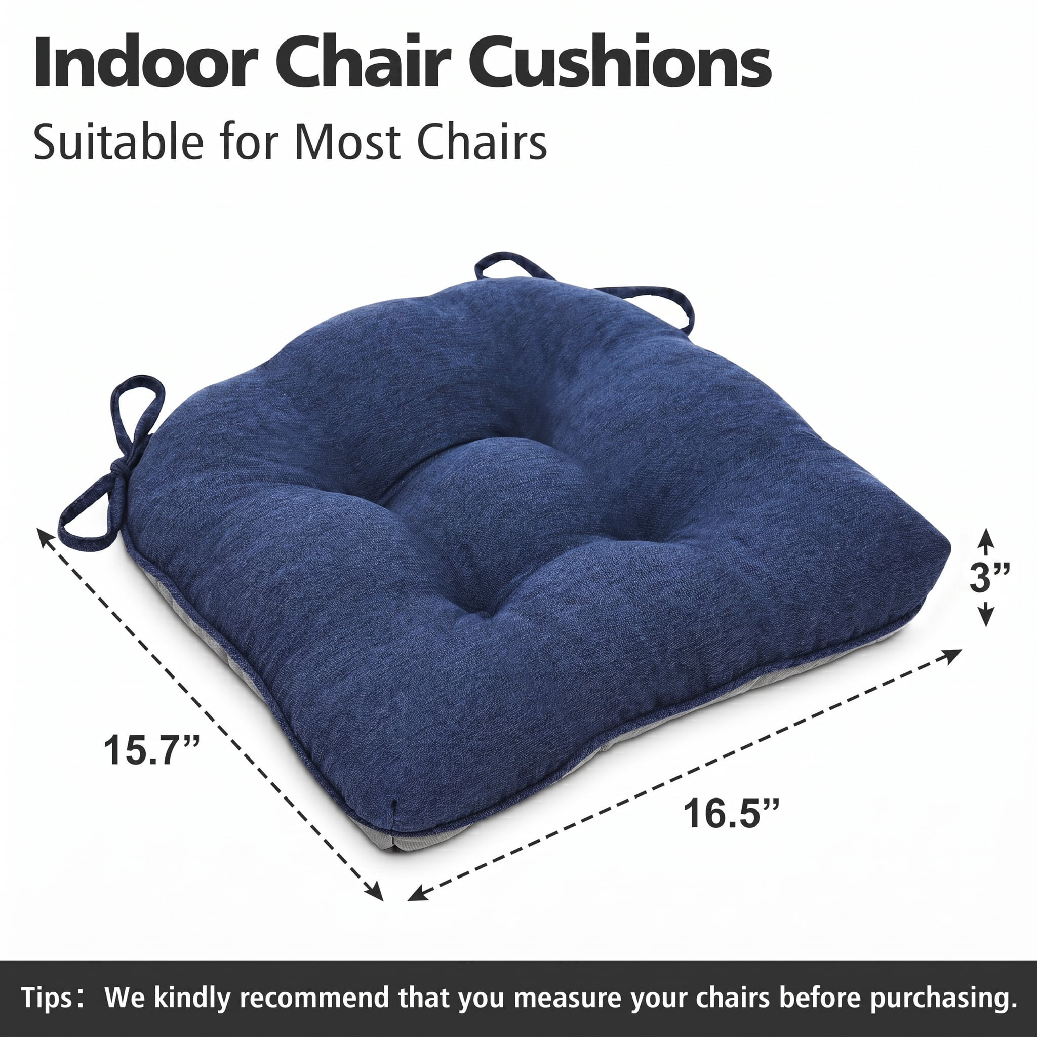 Shinnwa Chair Cushions for Kitchen Chairs Memory Foam Tufted Dining Chair Pads with Ties Non Slip Seat Cushions, Set of 2, Blue
