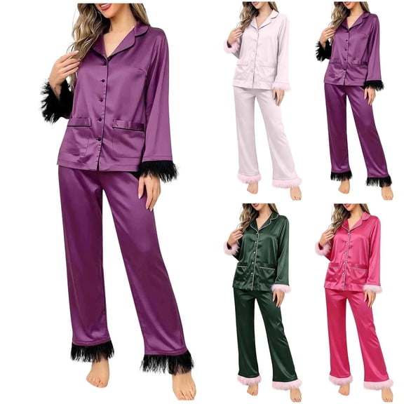 Bixock Loungewear Set for Women,Women's Pajama Set Solid Color Loose Long Sleeve Lapel Collar Cardigan Top With Pocket Long Pants Sleepwear