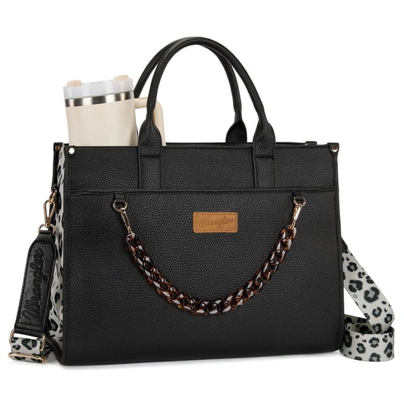 Wrangler Leopard Tote bag with Cup Holder Laptop Tote 15.6 Inch Work Bag, Plain Black