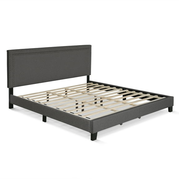 Furinno Laval Double Row Nail Head Bed Frame, 12 Piece Slat Style, Stone, King