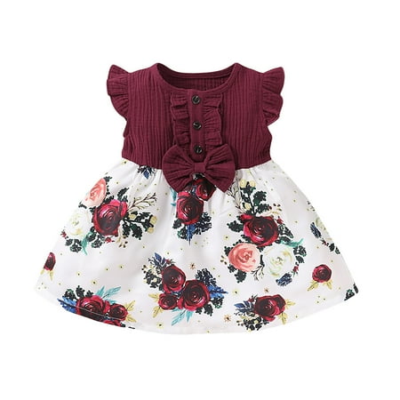 

Kukoosong Summer Toddler Girls Casual Dresses Toddler Baby Girl Clothes Fly Sleeve Bowknot Splice Floral Print Dress Clothes Wine 90