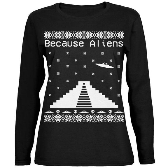 Because Aliens Pyramid Ugly XMAS Sweater Black Womens Long Sleeve T-Shirt - Large