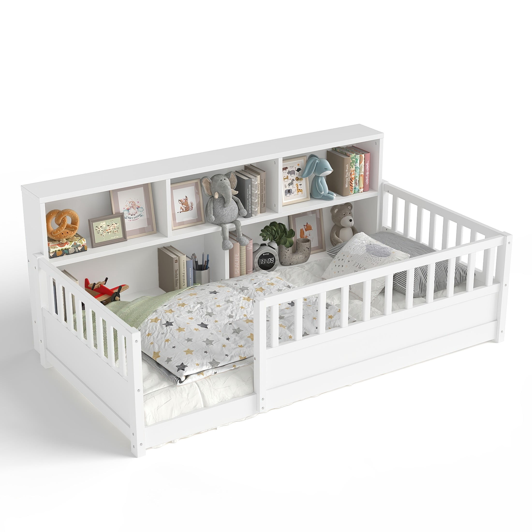 Noble House Twin Size Montessori Floor Bed with Fence Guardrails and Side Storage Shelf, White