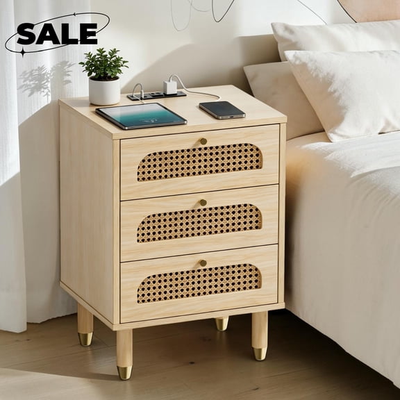 GZXS 3-Drawer Nightstand with Charging Station, Rattan Side Table with Storage, 15.7 Inch End Table for Living Room, Bedroom, Oak