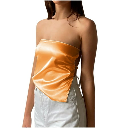Mrat Beach Tank Tops Women s Solid Color Backless One Line Collar Bra Strap Vests Ladies Outerwear Tops Beach Tank Tops for Women S-16 Orange L