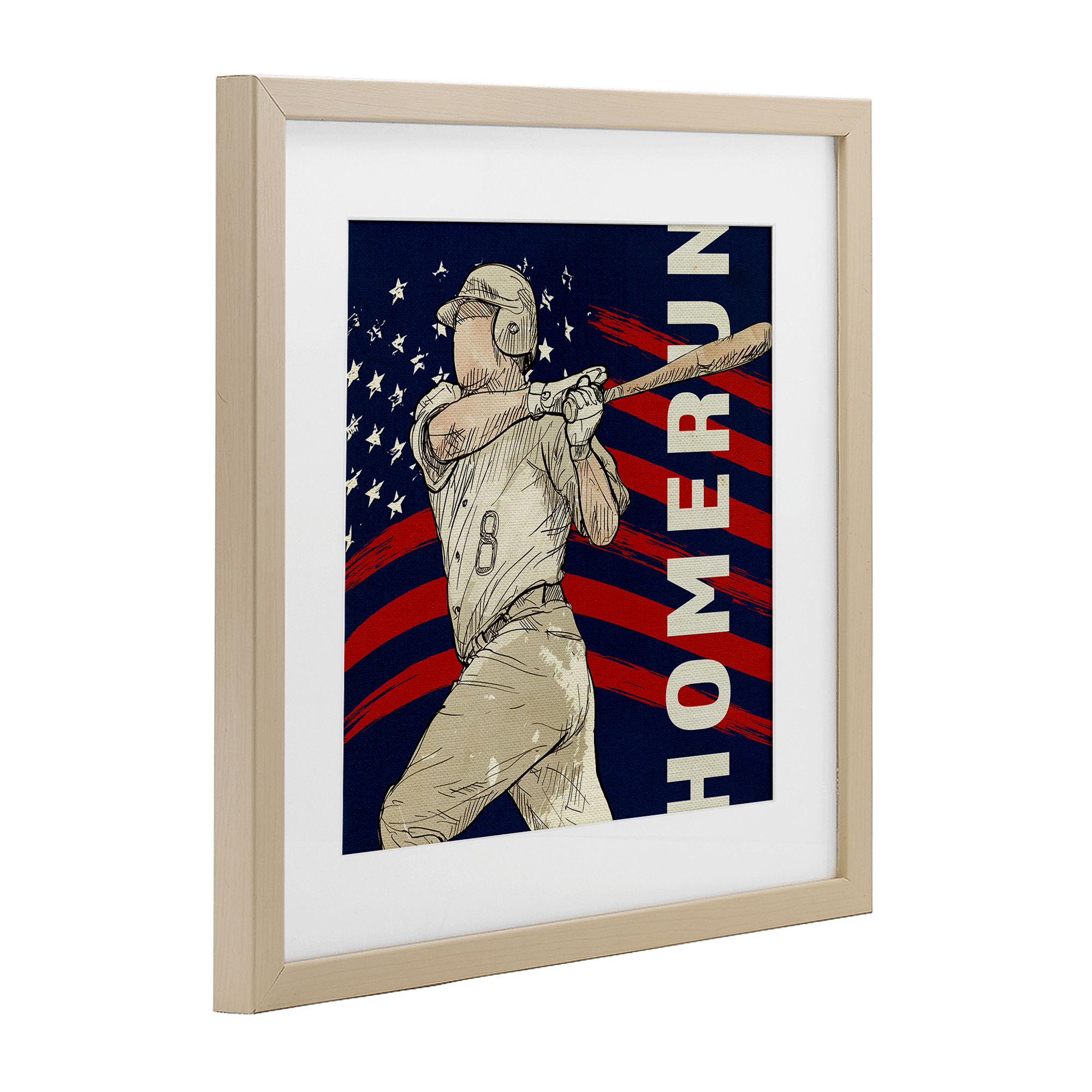Patriotic Home Run Baseballer Birch Framed Print Under Glass, design by LightBoxJournal