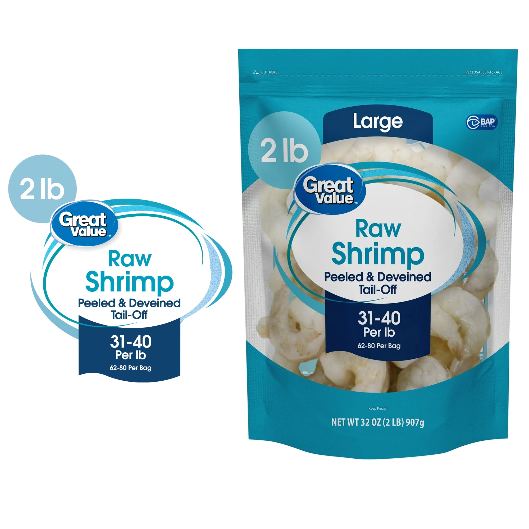 Great Value Frozen Raw Large Peeled and Deveined, Tail-off Shrimp Value Bag, 2 lb (31-40 Count per lb)