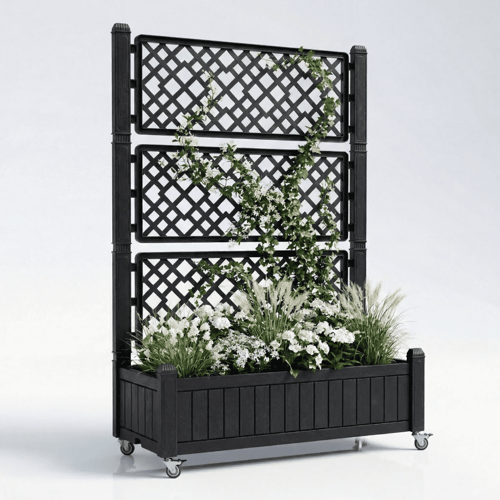 Uforic Outdoor 42.5x14.2x61 in Privacy Screen & Planter Box with Trellis, Raised Garden Bed with Wheels & Drain Plug, All-Weather Black Planter for Climbing Plants, Flowers, Herbs