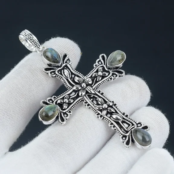 Natural Labradorite Cross Pendant 925 Sterling Silver Polished Handmade Gemstone Jewelry