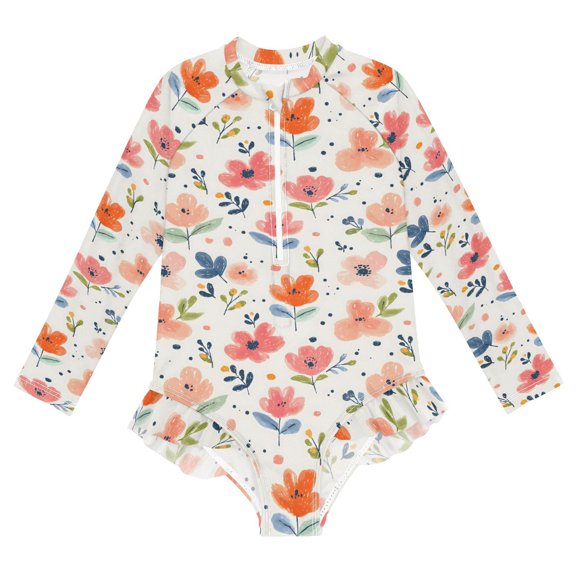 Color Flower One-Piece Swimsuit Long Sleeve UV Sun Protection UPF50 Rashguard Front Zip Quick-Dry Swimwear for 3-12 Years