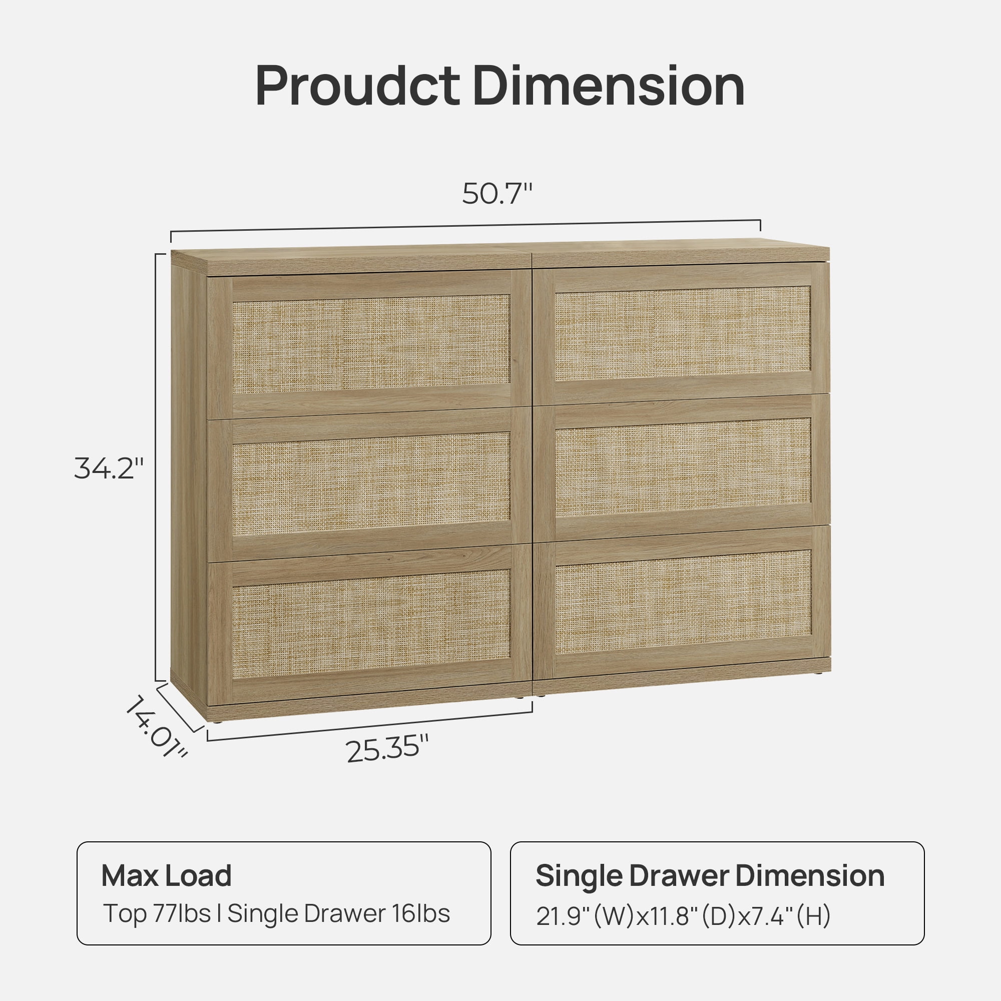 SICOTAS Small 3-Drawer Dresser Nightstand Set of 2, 50.7"W Boho 6 Drawer Dresser with Slide Rails, Rattan Chest of Drawers, Modular Storage Cabinet for Bedroom & Living Room, Natural Oak