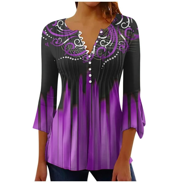 Ruimatai Women's Plus Size Tops Casual Fall Clothes Women Oversized Sweater Warm Pullover Women's Casual Trumpet 3/4 Sleeve Printed Buttoned Basic Ruched Corset Tunic Tops Pleated T-shirts Blouses