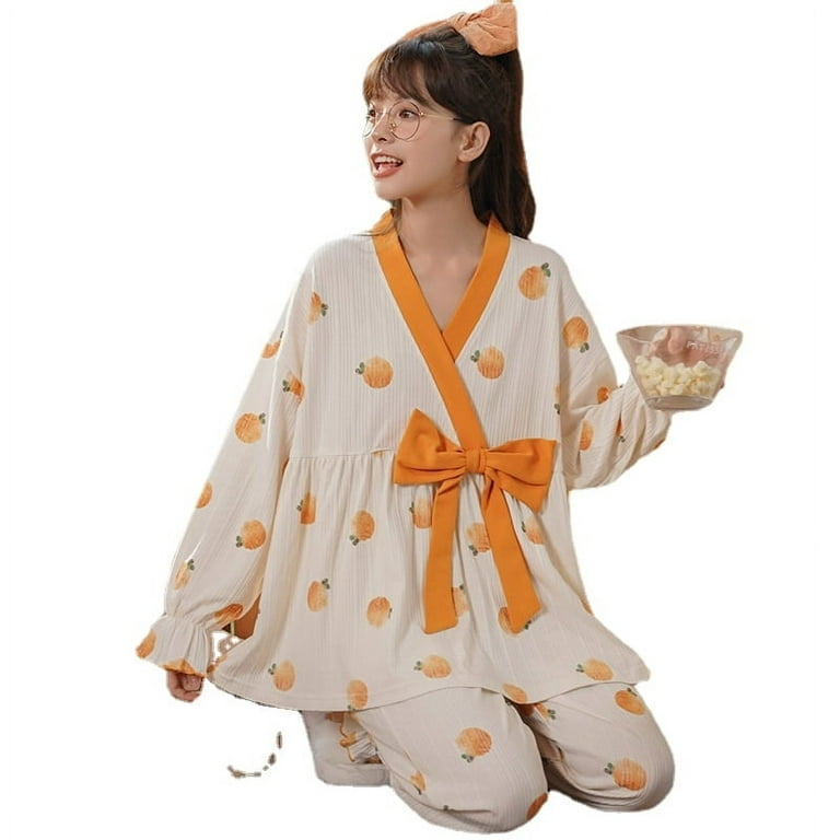 DanceeMangoo Womens Pajamas Set Autumn Winter Kimono Elastic Waist
