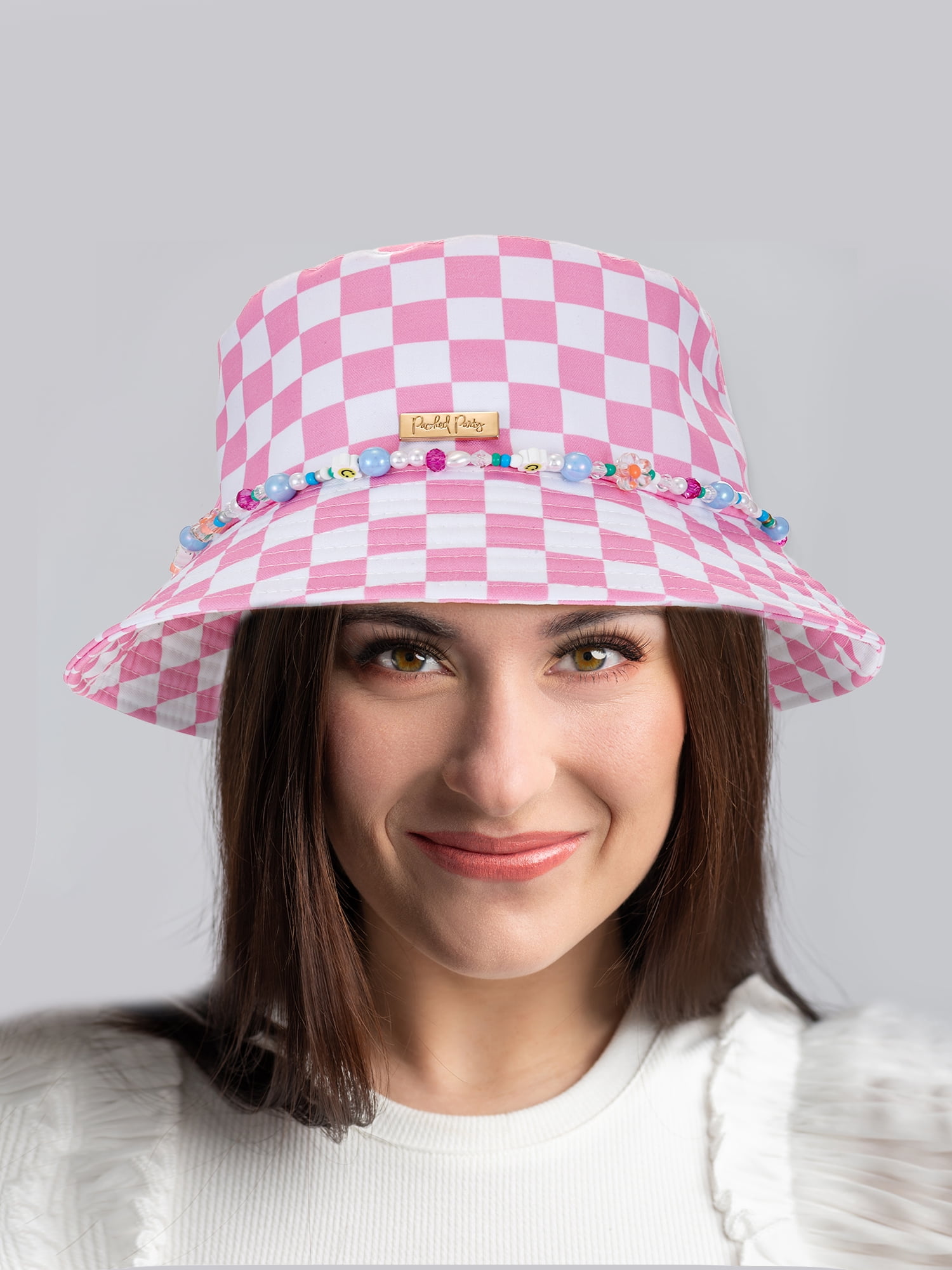 Packed Party Pink and White Check Bucket Hat with Charms, 1 Piece