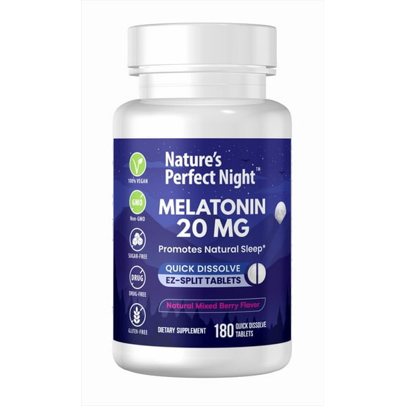 Nature's Perfect Night, Melatonin 20mg Supplement, 180 Fast Dissolve Tablets, Natural Berry Flavor