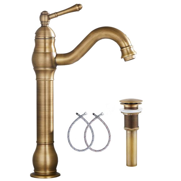 GGStudy 360? Swivel Antique Brass Bathroom Vessel Sink Faucet Single Handle One Hole Matching with Pop Up Drain