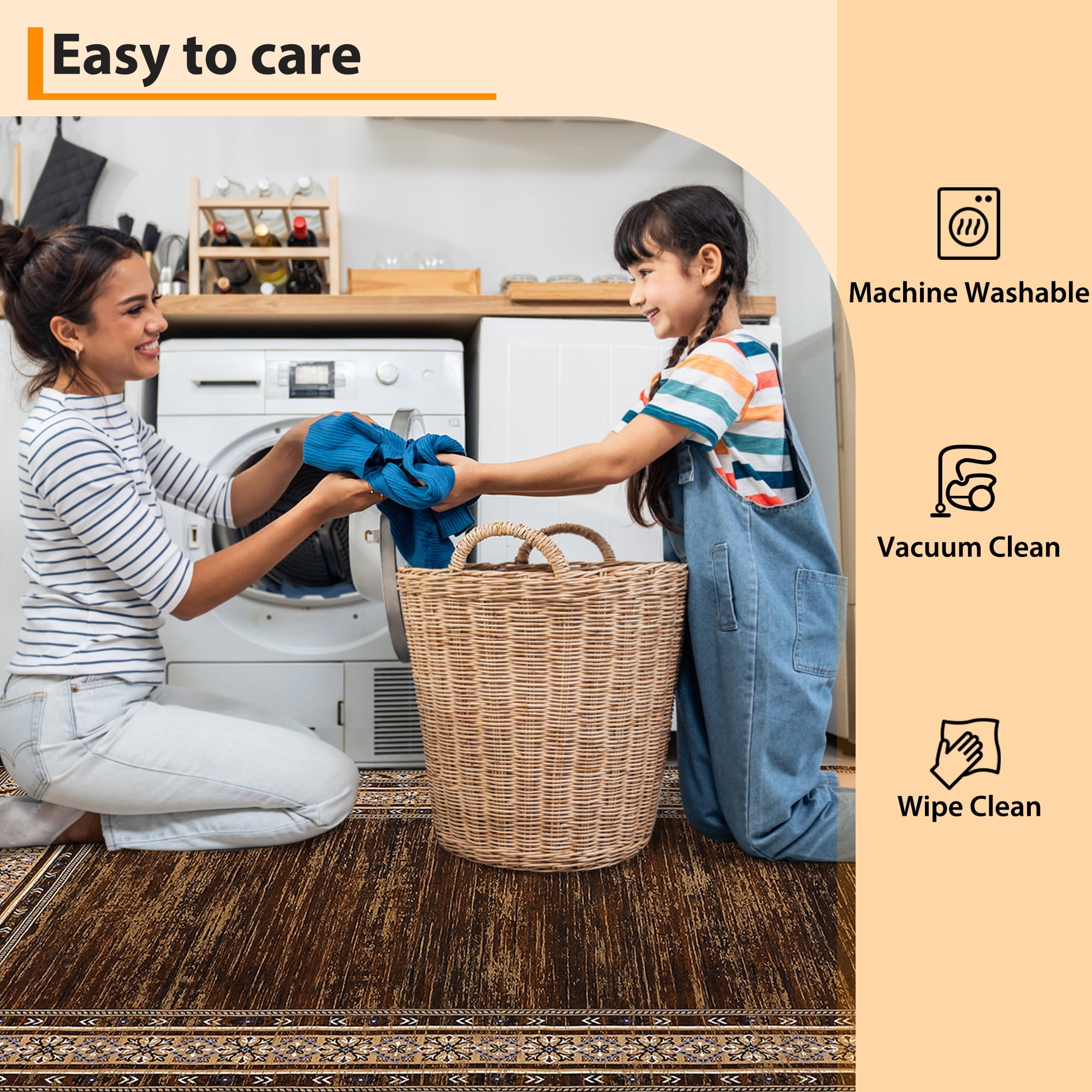 Brown Washable Area Rug 9' × 12' – Non Slip Low Pile Stain Resistant Hallway Rug for Bedroom, Living Room, Vintage Bordered Carpet for High-Traffic Areas