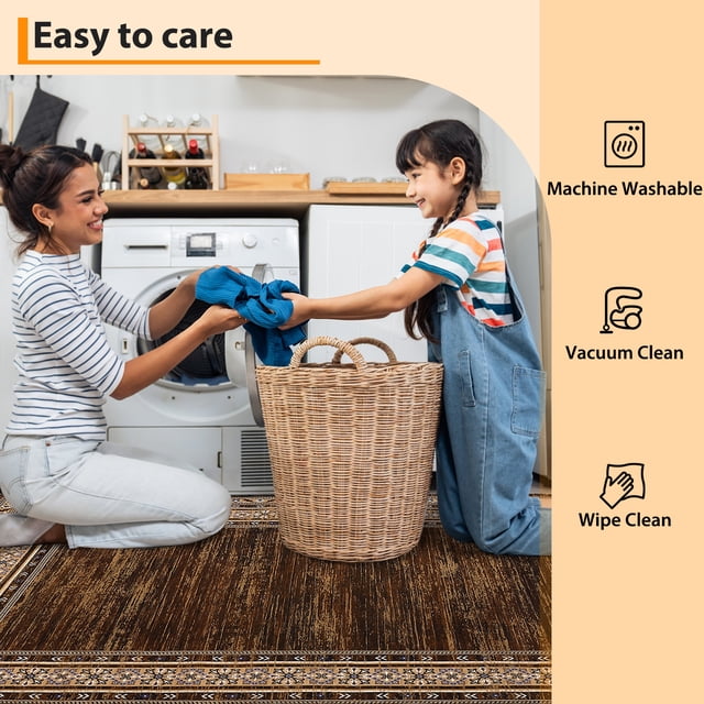 GarveeHome 9x12 Large Washable Thin Area Rug Soft Low Pile Non Shedding Floor Carpet Modern Anti Slip Rug, Distressed Geometric Bordered Rug for Living Room, Bedroom, Office, Brown