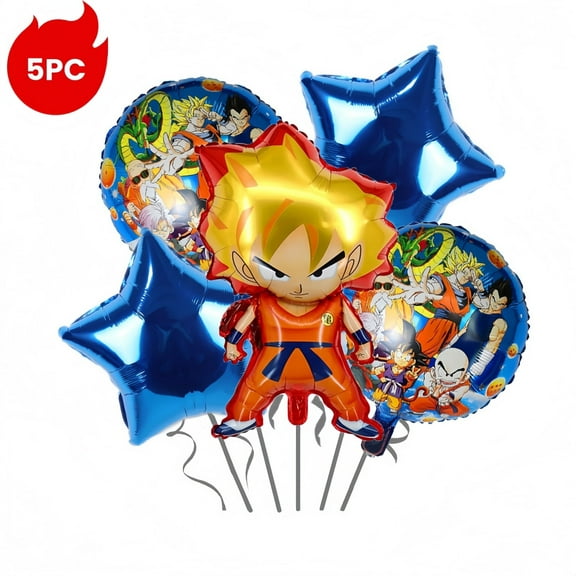 5pcs Foil Balloons, Including 1pcs Cartoon Character, 2pcs Cartoon Patterns, 2pcs Star-Shaped, Are Used As Decorative Elements To Enhance The Atmosphere Of Dragon-Ball-Themed Party