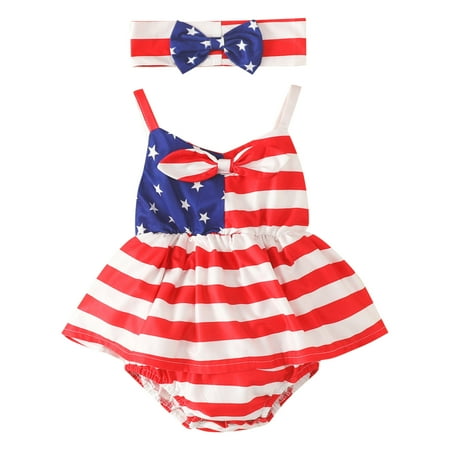 

kpoplk Baby Girls American Flag Stripe Star Print One Piece Romper Ruffle Off-Shoulder Onesies Bodysuit(0-6 Months)
