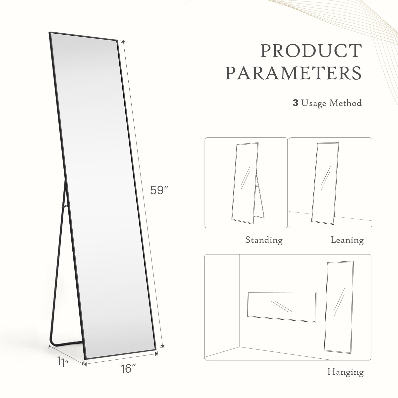 MAYEERTY Floor Standing Mirror, Wall Mirror with Stand Aluminum Alloy Thin Frame