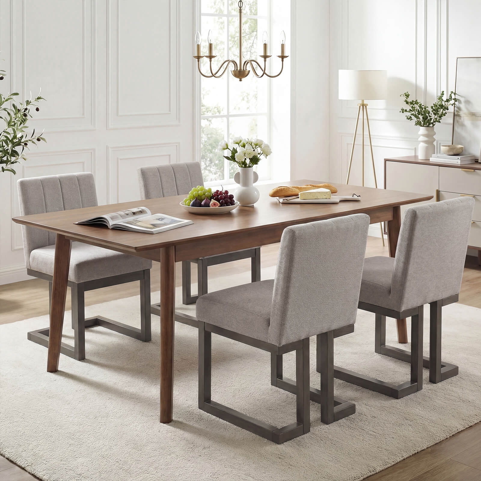 Costway 4PCS Wooden Dining Chairs Modern Farmhouse Fabric Upholstered Kitchen Chairs Beige + Gray