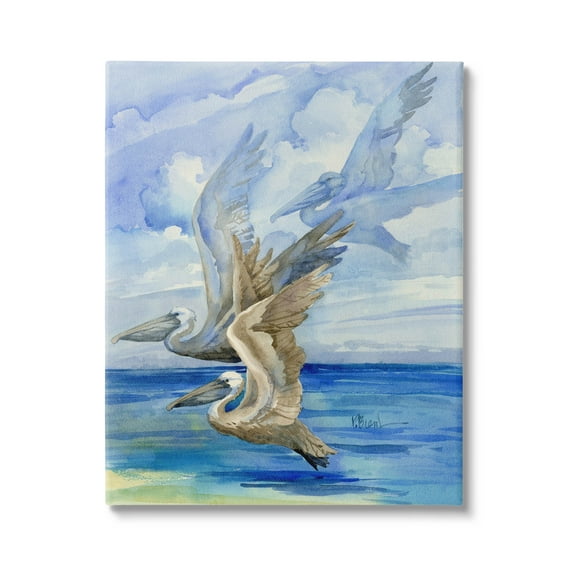 Stupell Industries Pelicans Trio Over Ocean Shore Painting Gallery Wrapped Canvas Print Wall Art, Design by Paul Brent