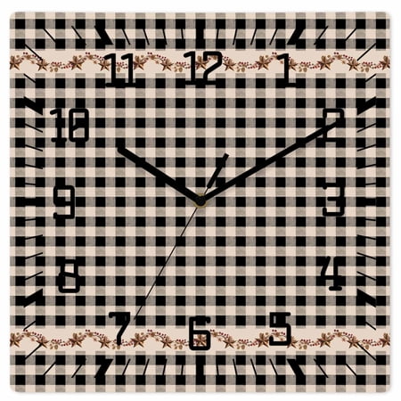 Wall Clock Barn Stars Rustic Operated Square Clocks Wooden Silent Non-Ticking Wallclock 12 Inch Vintage Country Black Plaid Wood Wall Clock for Living Room Bedroom Office Shool Home Decor
