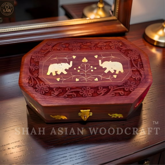 Indian Wooden Jewelry box for Women - Hand Carved  Trinket Keepsake Box- Unique Gift Idea
