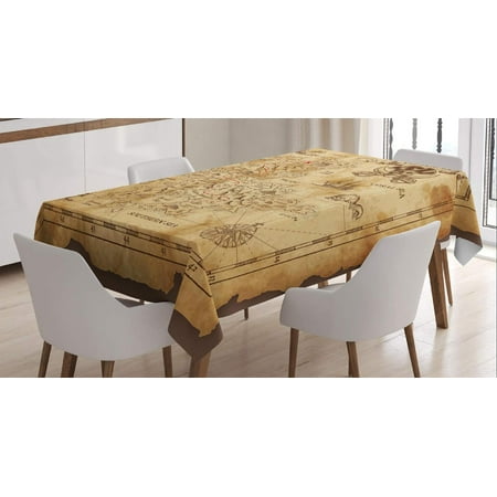 Island Map Tablecloth, Super Detailed Treasure Map Grungy Rustic Pirates Gold Secret Sea History Theme, Dining Room Kitchen Rectangular Table Cover, 60" X 84", Beige Brown